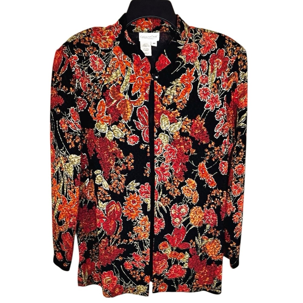 Coldwater Creek Floral Jacket Medium Orange Metallic Gold Fall Colors Open Front